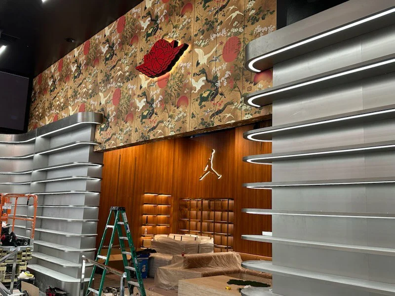 Hotel lobby wallcovering installation